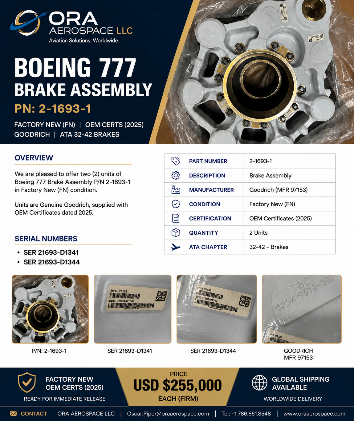 Boeing 777 Brake Assembly P/N 2-1693-1 — Factory New, Goodrich MFR 97153